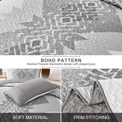 Boho Quilt Set King Size 3 Pieces Grey Aztec King Quilt Set Bohemian Bedspread Coverlet Set Soft Microfiber Lightweight Bedding Set with 2 pillowcases Gray Quilt Set for All Season 90"x103"