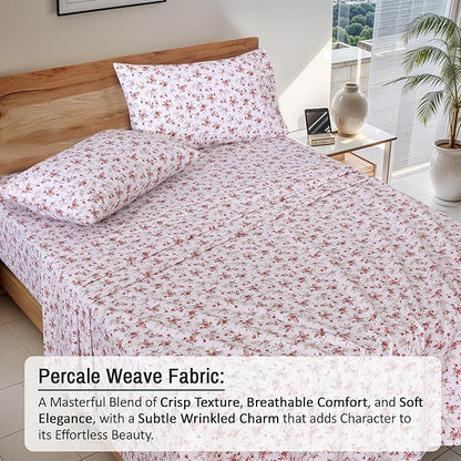 RUVANTI 100% Cotton Sheets – Full Size Percale Bedding, Cooling & Breathable Floral Design, Durable with a Crisp, Soft & Comfortable Feel, 16" Deep Pocket, 4-Piece Set, Bouquet