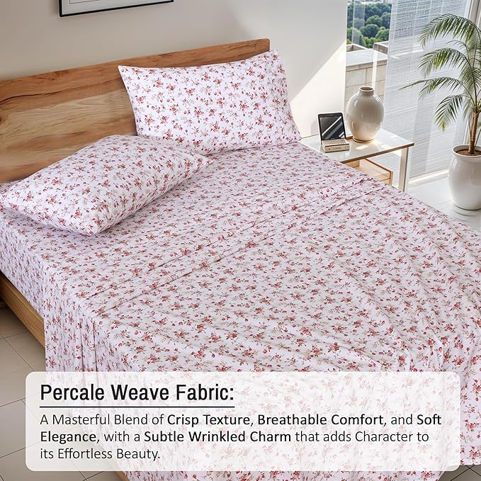 RUVANTI 100% Cotton Sheets – Twin Size Percale Bedding, Cooling & Breathable Floral Design, Durable with a Crisp, Soft & Comfortable Feel, 16" Deep Pocket, 3-Piece Set, Bouquet