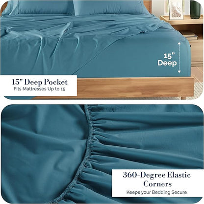Casa Platino Sheet Set Queen Size – 100% Cotton Bed Sheets Queen with 4 Pillowcases, Soft & Cozy, Lightweight & Breathable, with 15" Deep Pocket Fitted Sheet, Perfect Everyday Sheets – Blue Heaven
