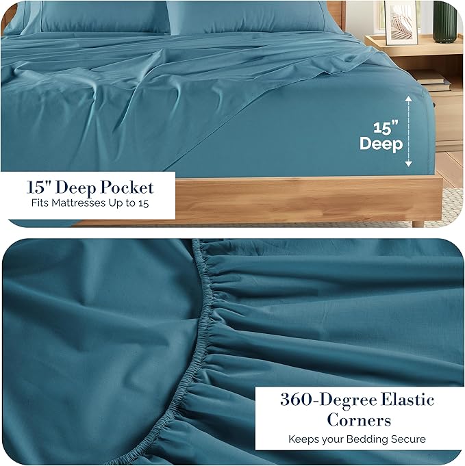 Casa Platino Sheet Set King Size – 100% Cotton Bed Sheets King with 4 Pillowcases, Ultra Soft & Cozy, Lightweight & Breathable, With 15" Deep Pocket Fitted Sheet, Perfect Everyday Sheets – Blue Heaven