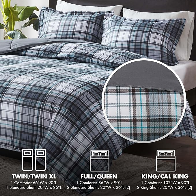 Madison Park Essentials Parkston Plaid Comforter, Matching Sham, 3M Scotchguard Stain Release Cover, Hypoallergenic All Season Bedding-Set, King/California King, Grey, 3 Piece