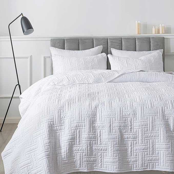 R.SHARE White Quilt Queen Size Bedding Sets with Pillow Shams, Lightweight Soft Bedspread Coverlet, Basket Weave Quilted Blanket Thin Comforter Bed Cover for All Season, 3 Pieces, 90x90 inches