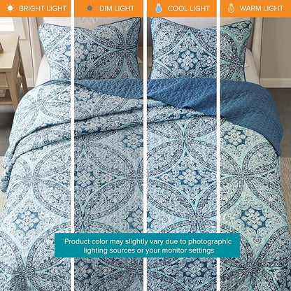 Comfort Spaces Reversible Quilt Set-Vermicelli Stitching Design All Season, Lightweight, Coverlet Bedspread Bedding, Matching Shams, King (104 in x 90 in), Gloria Damask Aqua 3 Piece