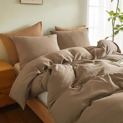 SE SOFTEXLY Muslin Duvet Cover Twin Size, 100% Washed Cotton Duvet Cover Set, Ultra Soft Comforter Cover Linen Like, 2 Pieces Minimalist Gauze Duvet Cover with 1 Pillowcase, 68"x90", Light Brown