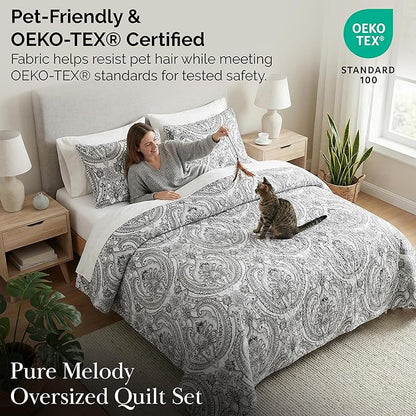 Southshore Fine Living, Inc. Paisley Quilt Bedding Set, Black Quilt Queen Size, Boho Bedspread, Farmhouse Bedding 3-Piece Set with Two Matching Quilted Pillow Shams, Full/Queen Coverlet, Black