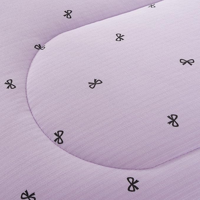 A Nice Night Delicate Bows Print On Purple Background Bedding Set,Ruffle 6 Piece Bed in a Bag Matching Sheet Set,Princess Style Chic Bowknot Printed,Queen