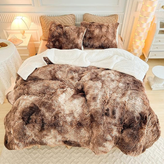 Luxury Faux Fur Shaggy Comforter Set Full/Queen Size, Plush & Sherpa Reversible Comforter Tie Dye Coffee, 3 Pieces Fluffy Fuzzy Bedding Set Ultra Soft and Warm for Winter (1 Comforter + 2 Pillowcases)