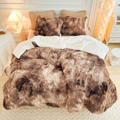 Luxury Faux Fur Shaggy Comforter Set Twin Size, Plush & Sherpa Reversible Comforter Tie Dye Coffee, 3 Pieces Fluffy Fuzzy Bedding Set Ultra Soft and Warm for Winter (1 Comforter + 2 Pillowcases)
