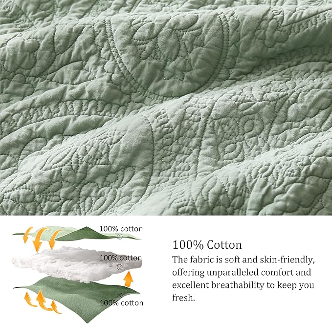 palassio Sage Green Paisley 100% Cotton Quilt California Cal King Size Bedding Sets with 2 Pillow Shams, Oversized Boho Farmhouse Vintage Soft Bedspread Shabby Chic Coverlet for All Season, 3 Pieces