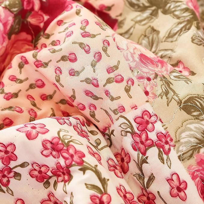 Cmfshape Summer Floral Queen Quilted Bedspread,Romantic Pink Quilt Set Full,Reversible Stitched Bedding Set All Season,Soft Lightweight Coverlet with Pillow Cases (Hot Pink&Rose, Queen90 x90)