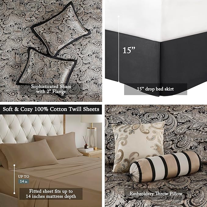 Madison Park Aubrey Cozy Comforter Set, Faux Silk Jacquard Paisley Design - All Season Down Alternative Bedding with Cotton Bed Sheets, Bed Skirt & Toss Pillows, California King Black 12 Piece