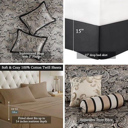 Madison Park Aubrey Cozy Comforter Set, Faux Silk Jacquard Paisley Design - All Season Down Alternative Bedding with Cotton Bed Sheets, Bed Skirt & Toss Pillows, California King Black 12 Piece