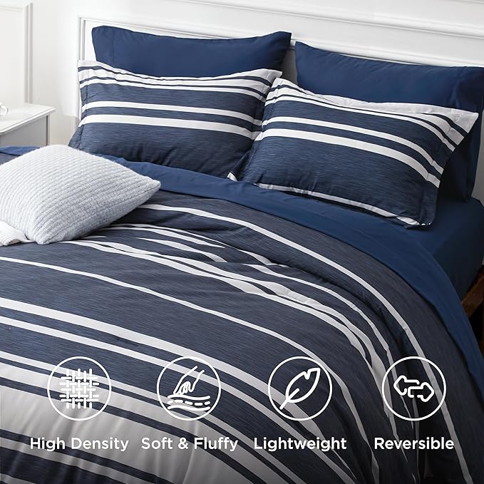 Bedsure California King Comforter Set 7 Pieces, Blue Striped Bedding Set for All Seasons, Reversible, Cationic Dyeing Bed in a Bag with Comforter, Sheets, Pillowcases & Shams