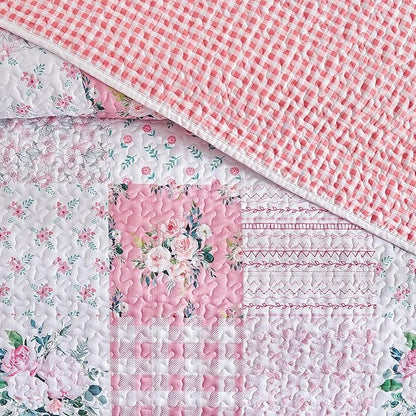 Joyreap 3 Pieces Floral Patchwork Quilt Set California King, 102x114 inches- Pink n White Flowers Design, Smooth Soft Microfiber Quilt, Bedspread Bed Cover for All Season
