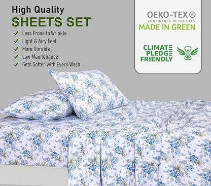 RUVANTI 100% Cotton Sheets – Full Size Percale Bedding, Cooling & Breathable Floral Design, Durable with a Crisp, Soft & Comfortable Feel, 16" Deep Pocket, 4-Piece Set, Paislyona