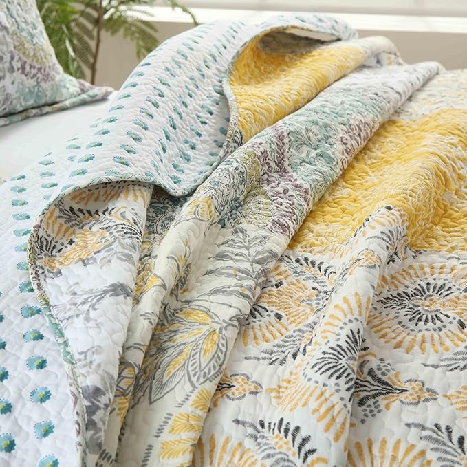 DURLENGEN Botanical Yellow 100% Cotton King Quilt 3Pcs,Bohemian Patchwork Leaves Pattern on White, Luxury Lightweight Coverlet Sets for All Season(King 106x96,Botanical Yellow)