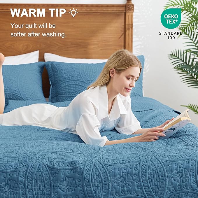 Love's cabin Oversized King Size Quilt Bedding Set Misty Blue Bedspreads - Oversized King Lightweight Bedspread Comforter - Coin Pattern Coverlet for All Season - 3 Pieces (1 Quilt, 2 Pillow Shams)