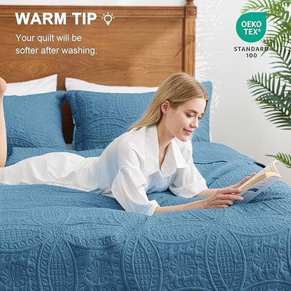 Love's cabin Oversized King Size Quilt Bedding Set Misty Blue Bedspreads - Oversized King Lightweight Bedspread Comforter - Coin Pattern Coverlet for All Season - 3 Pieces (1 Quilt, 2 Pillow Shams)