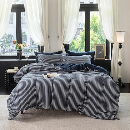 Reversible Duvet Cover Set 100% Washed Cotton Blue Stripe Linen Feel Duvet Cover Oversized Queen Size with Zipper Closure & 2 Pillow Shams,Navy/White Stripe Reverse Solid Navy
