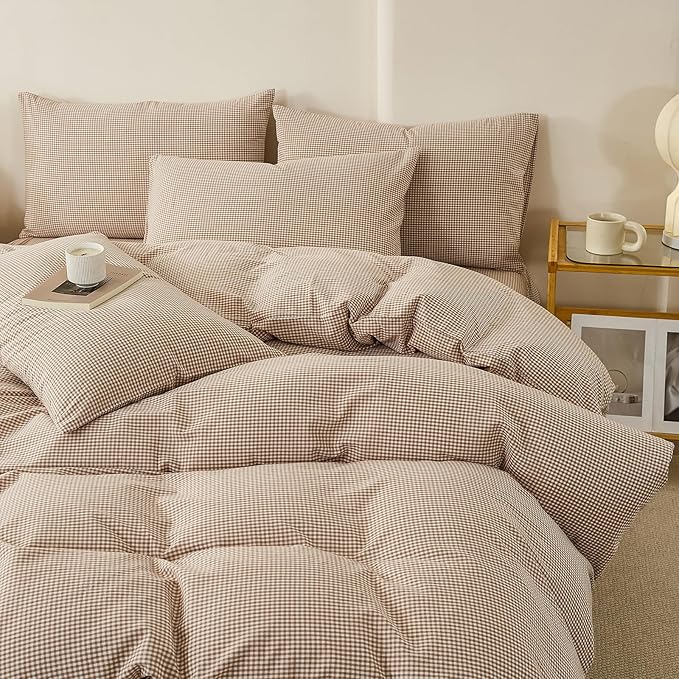 Light Brown Gingham King Size Duvet Cover Washed Cotton Plaid King Size Comforter Cover Farmhouse Boho Cute Soft Duvet Cover Set with Ties Checkered Tan Bedding Set Breathable Duvet Protector