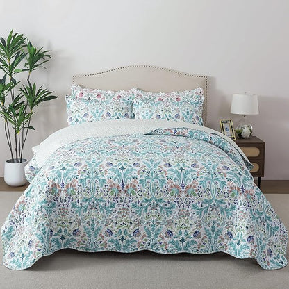 HoneiLife Queen Quilt Bedding Sets - Microfiber Quilt Sets for Queen Bed, 3-Piece Lightweight Bedspreads,Reversible Coverlets Rustic Bed Cover, Floral Bedding Sets for All Season Use