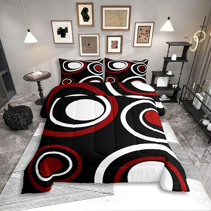 Erosebridal Red Black Striped Twin Bedding Sets for Adult Women Men Modern Circle Abstract Comforter Set Contemporary Graffiti Lines Quilt Duvet Set Minimalists Aesthetic Boho Bedding Collections