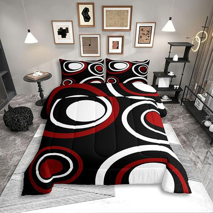 Erosebridal Red Black Striped Twin Bedding Sets for Adult Women Men Modern Circle Abstract Comforter Set Contemporary Graffiti Lines Quilt Duvet Set Minimalists Aesthetic Boho Bedding Collections