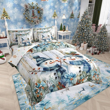 Castle Fairy Funny Xmas Snowman Reversible 7 Pieces Comforter Set,Blue Christmas Flowers Bed Sheet Set for Kids Teens Boys,Botanical Fruits Plants Bedding Set with Comforter,Fitted & Flat Sheet,Queen