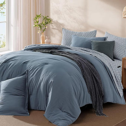 Monbix King Size Comforter Set - 7 Pieces Oxford Blue Prewashed Bed in a Bag King Bedding Sets with Comforters, All Seasons Ultra Soft Comforter Bed Set with Sheets,Pillowcases & Shams
