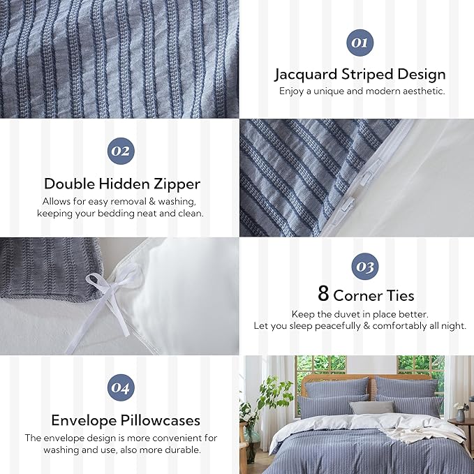 MILDLY Jacquard Stripe Duvet Cover - Navy Blue 100% Washed Cotton Boho Textured Comforter Cover Set with Zipper Closure 104"x90"
