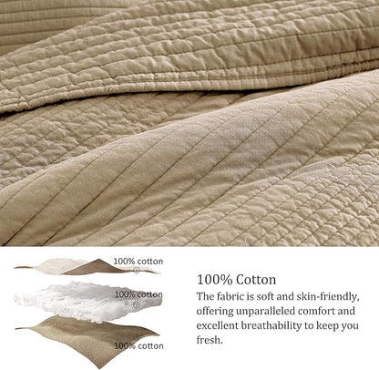 palassio Striped Dark Beige 100% Cotton Quilt King Size Bedding Sets, Lightweight Crinkly Channel Pick Stitch Textured Bedspread Soft Shabby Chic Farmhouse Country Coverlet for All Season, 2 Shams