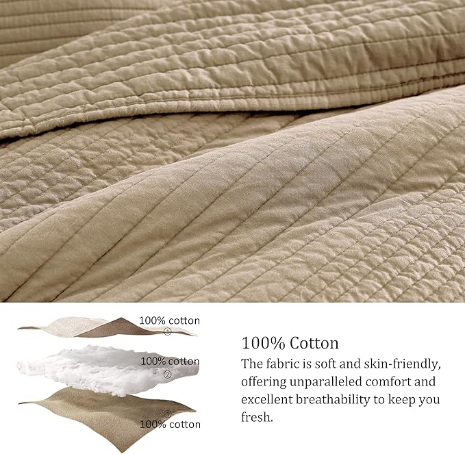PALASSIO Striped Dark Beige 100% Cotton Quilt California Cal King Size Bedding Set, Oversized Lightweight Channel Pick Stitch Textured Bedspread Soft Farmhouse Country Coverlet for All Season, 2 Shams
