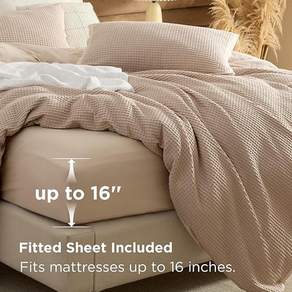 Bedsure 100% Cotton Duvet Cover Queen Size with Fitted Sheet - 4 Pieces Khaki Waffle Weave Bedding Set, GentleSoft™ and Breathable, Includes 1 Duvet Cover 90x90, 1 Fitted Sheet, 2 Pillow Shams
