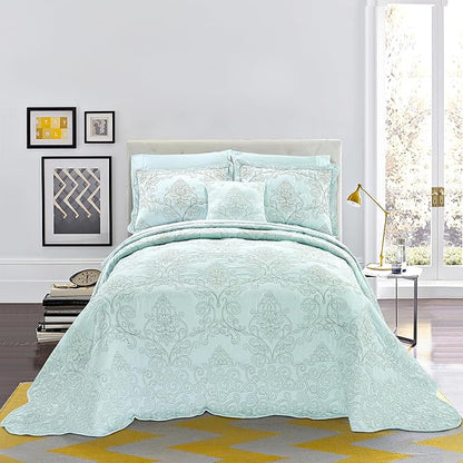 Home Soft Things Damask 4 Piece Bedspread Set, Scalloped Edge Reversible Quilt Coverlet Comforter Prewashed Bedding Set, Matelasse Embossed Floral Solid Pattern,Blue Oversize King(120" x 120")