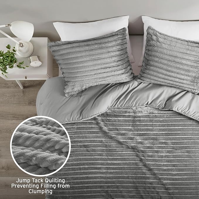 Intelligent Design Twin Comforter Set, Cozy Plush Bedding, Microfiber Reverse, 2 Piece, Lightweight, Super Soft Ribbed Velvet Comforter 1 Sham, All Season Fluffy Bed Set, Avril, Twin/Twin XL Grey