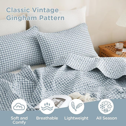 TOCOMOA Blue Gingham Quilt Bedding Set 100% Washed Cotton Bedspread Coverlet Like Linen Feel Soft Comfy Breathable 3 Piece Plaid Checkered Lightweight Comforter Set for All Season, Queen 96"x90"