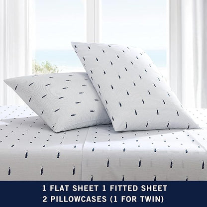 Nautica - Queen Sheets, Cotton Percale Bedding Set, Crisp & Cool, Coastal Home Decor (Whale Stripe Blue, Queen)