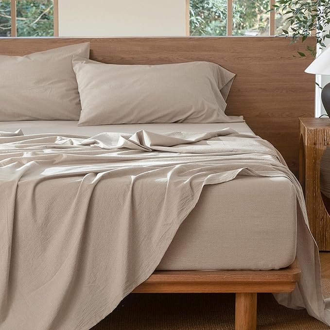 MooMee Bedding Sheet Set 100% Washed Cotton Linen Like Textured Breathable Durable Soft Comfy (Heathered Tannish Linen Grey, Twin XL)