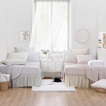 Laura Ashley Home - Twin Bedskirt, Cotton Ruffled Bedding, Smooth & Lightweight, Dorm Essentials, Oeko-Tex Certified (Ticking Stripe Grey)