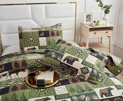 Ycosy Rustic Lodge Quilt Set Moose Elk Bedspread Full/Queen Size Forest Bear Deer Quilt Matcha Green Reversible Festive Cabin Coverlets Farmhouse Decor Bed Cover Sets with 2 Pillow Shams
