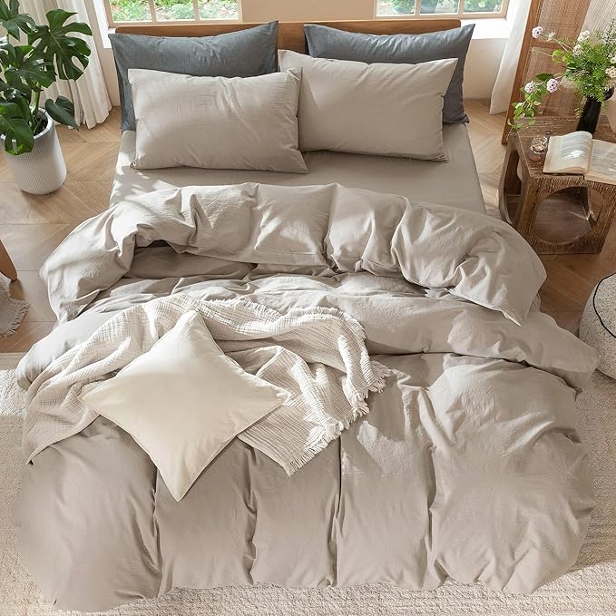 MooMee Bedding Duvet Cover Set 100% Washed Cotton Linen Like Textured Breathable Durable Soft Comfy (Solid Light Tan, Palatial King/Oversized King 120"x98")