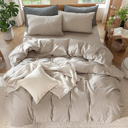 MooMee Bedding Duvet Cover Set 100% Washed Cotton Linen Like Textured Breathable Durable Soft Comfy (Solid Light Tan, Twin 68"x90")