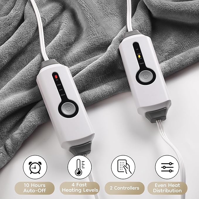 Electric Heated Blanket King Size 90"×100", Comfortable & Luxurious Flannel, 4 Heating Levels & 10 H Auto Shut Off, Light Grey