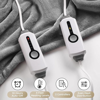 Electric Heated Blanket Queen Size 84"x90", Breathable & Luxurious Flannel, with Dual Control, with 4 Heating Levels & 10 Hours Auto-Off, Fast Heating, Machine Washable, for Bedding-Light Gray