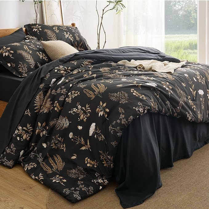 Bedsure Black King Comforter Set - 7 Pieces Floral Bedding Sets King Bed in a Bag with Reversible Botanical Flowers Comforter, Sheets, Pillowcases & Shams
