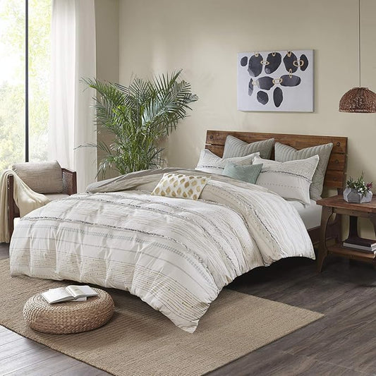 INK+IVY Luxurious Cotton-Bedding Set - Mid Century Trendy Geometric Design, All Season Cozy-Cover With Matching-Shams, Full/Queen, Nea Trims Grey/Multi