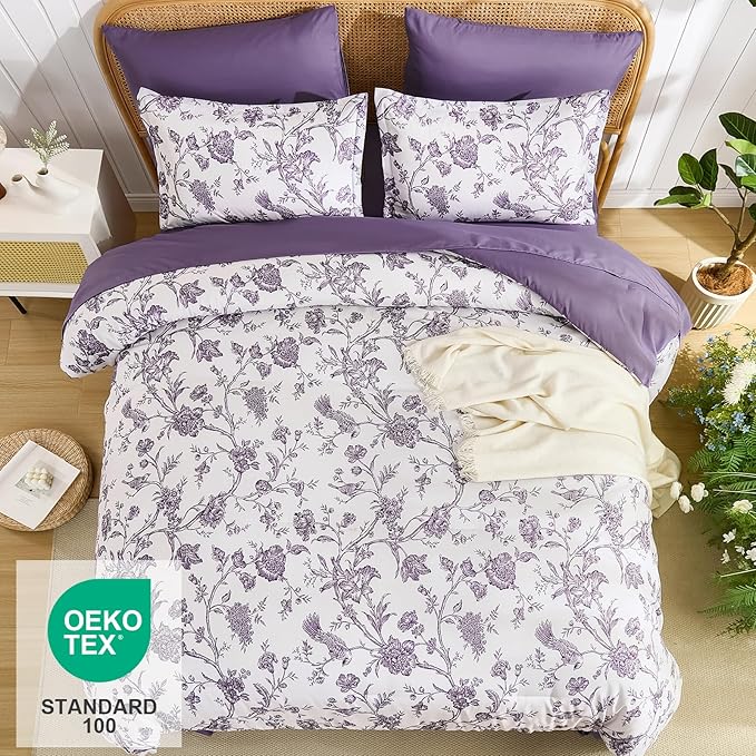 Luxudecor Floral Comforter Set King Size 7 Pieces, Purple Flower with Bird Bed in a Bag, Soft Reversible Comforter with Sheet Bed Set 104"x90"