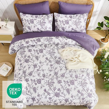 Luxudecor Floral Comforter Set King Size 7 Pieces, Purple Flower with Bird Bed in a Bag, Soft Reversible Comforter with Sheet Bed Set 104"x90"
