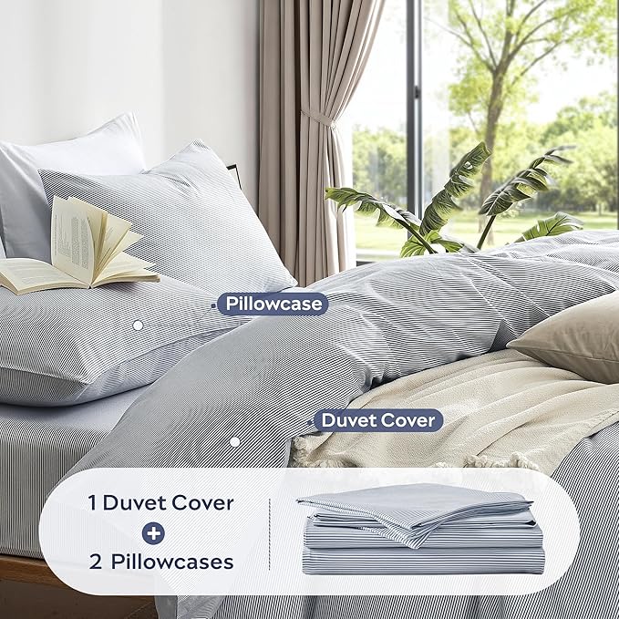 JELLYMONI 100% Natural Cotton 3pcs Striped Duvet Cover Sets,Blue Duvet Cover with Thin White Stripes Pattern Printed Comforter Cover,with Zipper Closure & Corner Ties(King Size)